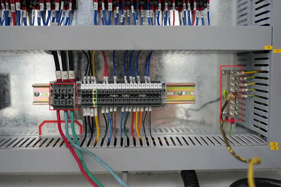 NC press brake main power interface (left side) and ground wire interface (right side)