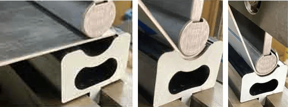 Figure 12: This bullnose forming die has a stop adjacent to the shoulder, allowing the operator to position the blank so a radius forms all the way to the edge of the workpiece. In the second hit, the long leg of the blank is kept away from the ram.