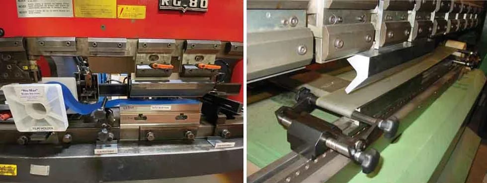 Figure 2: A dispenser (left) and a screw-type positioner (right) help operators replace urethane film quickly.