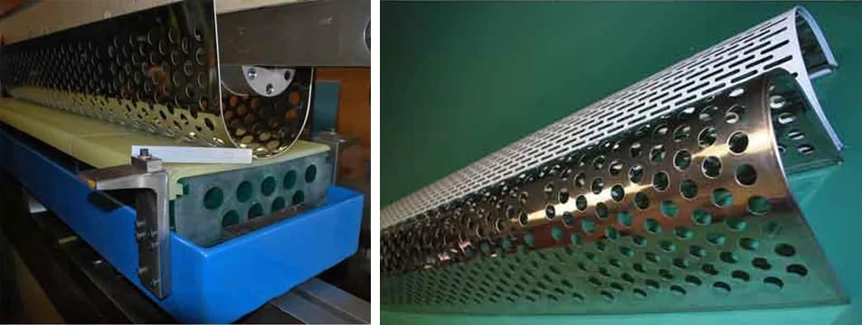 Figure 9: Forming these stainless-steel muffler guards required a green urethane pad with an amber wear pad and a step in the steel punch to form the edge hems.
