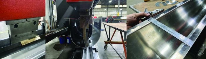 In this 12-ft.-long, 12-gauge 304 stainless steel U-shaped channel with two opposing return flanges, the operator must form the outside flanges before the U section. The perpendicularity of the outer flanges is paramount to ensuring a flat and level mating surface across the top of the completed workpiece. Off-the-shelf tooling for such a large radius is unfeasible for many job shops and custom fabricators. Rolling the U section may be an option, but a step bend on the press brake will hold a much tighter tolerance on such a long part.