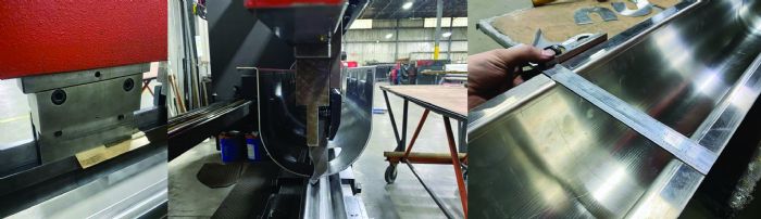 In this 12-ft.-long, 12-gauge 304 stainless steel U-shaped channel with two opposing return flanges, the operator must form the outside flanges before the U section. The perpendicularity of the outer flanges is paramount to ensuring a flat and level mating surface across the top of the completed workpiece. Off-the-shelf tooling for such a large radius is unfeasible for many job shops and custom fabricators. Rolling the U section may be an option, but a step bend on the press brake will hold a much tighter tolerance on such a long part.